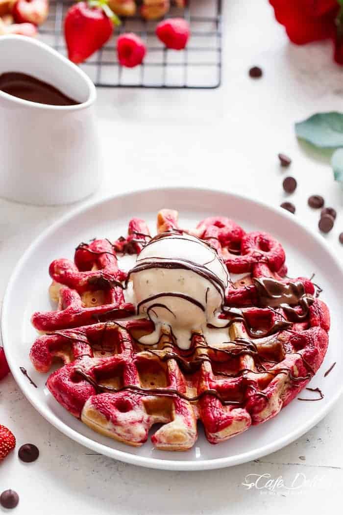 Red Velvet Marbled Waffles | https://cafedelites.com