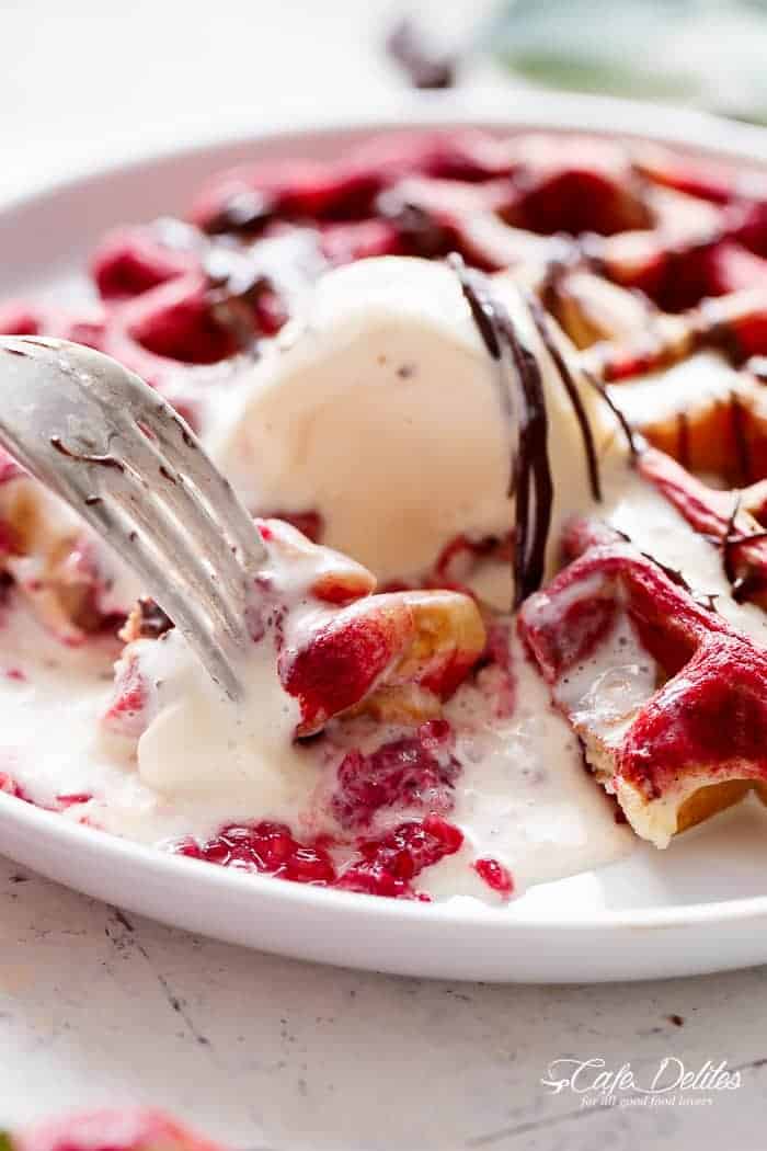 Red Velvet Marbled Waffles | https://cafedelites.com