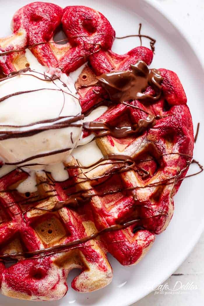 Red Velvet Marbled Waffles | https://cafedelites.com