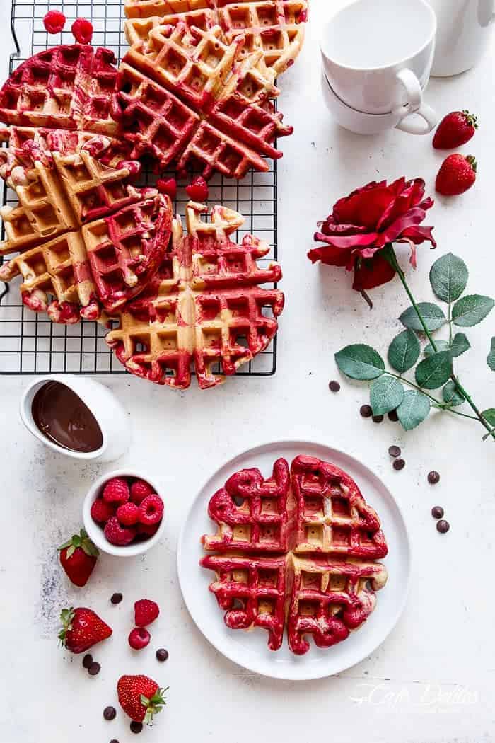 Red Velvet Marbled Waffles | https://cafedelites.com