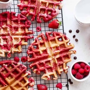 Red Velvet Marbled Waffles on a cooling rack