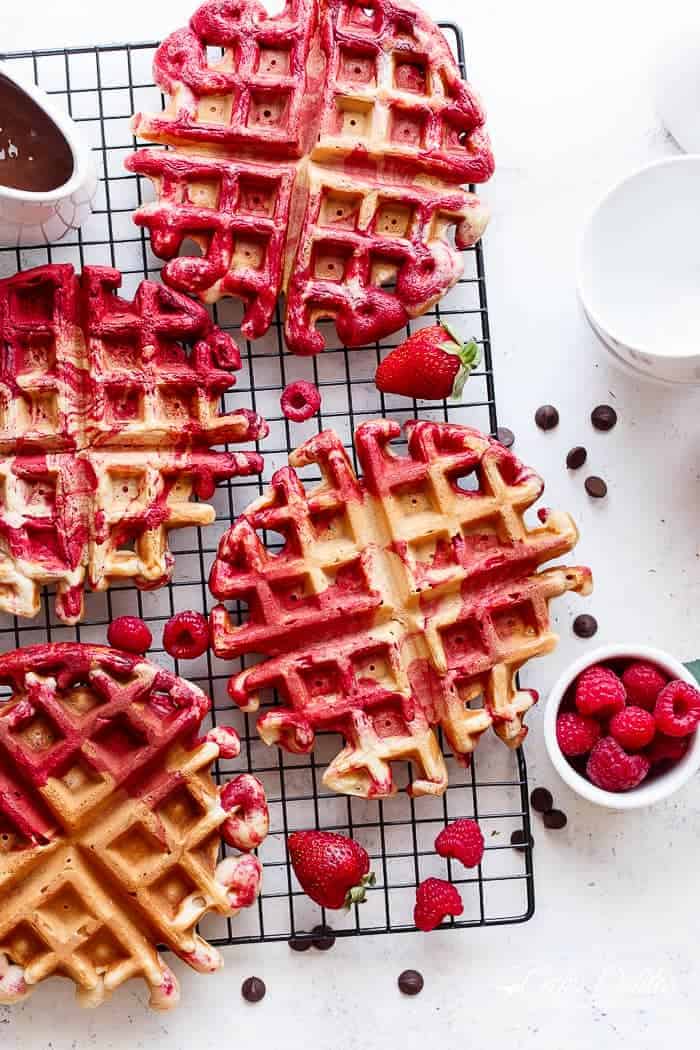 Red Velvet Marbled Waffles | https://cafedelites.com