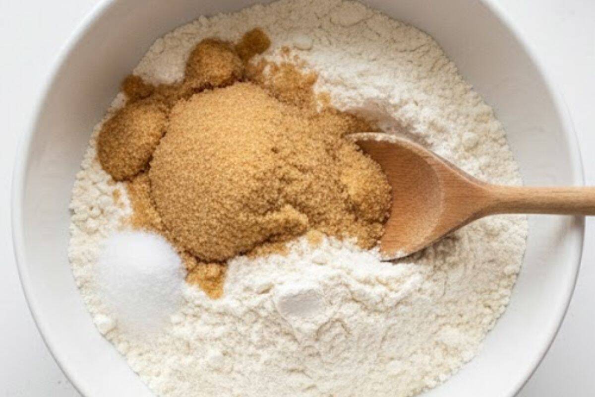 In a separate bowl, mix together the flour, baking powder, salt, and sugar - 5