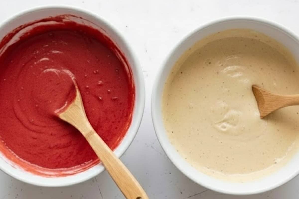 Divide the batter evenly into two bowls or jugs. Stir the cocoa powder and red coloring into one portion, and mix the vanilla bean paste into the other. - 7