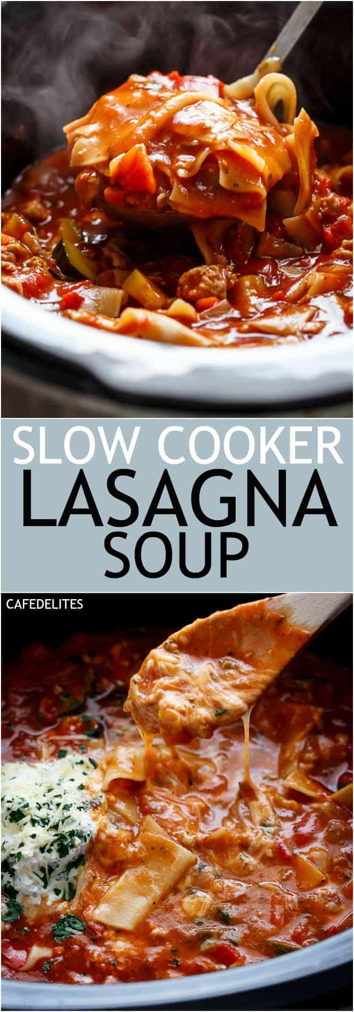 Lightened Up Easy Slow Cooker Lasagna Soup | https://cafedelites.com