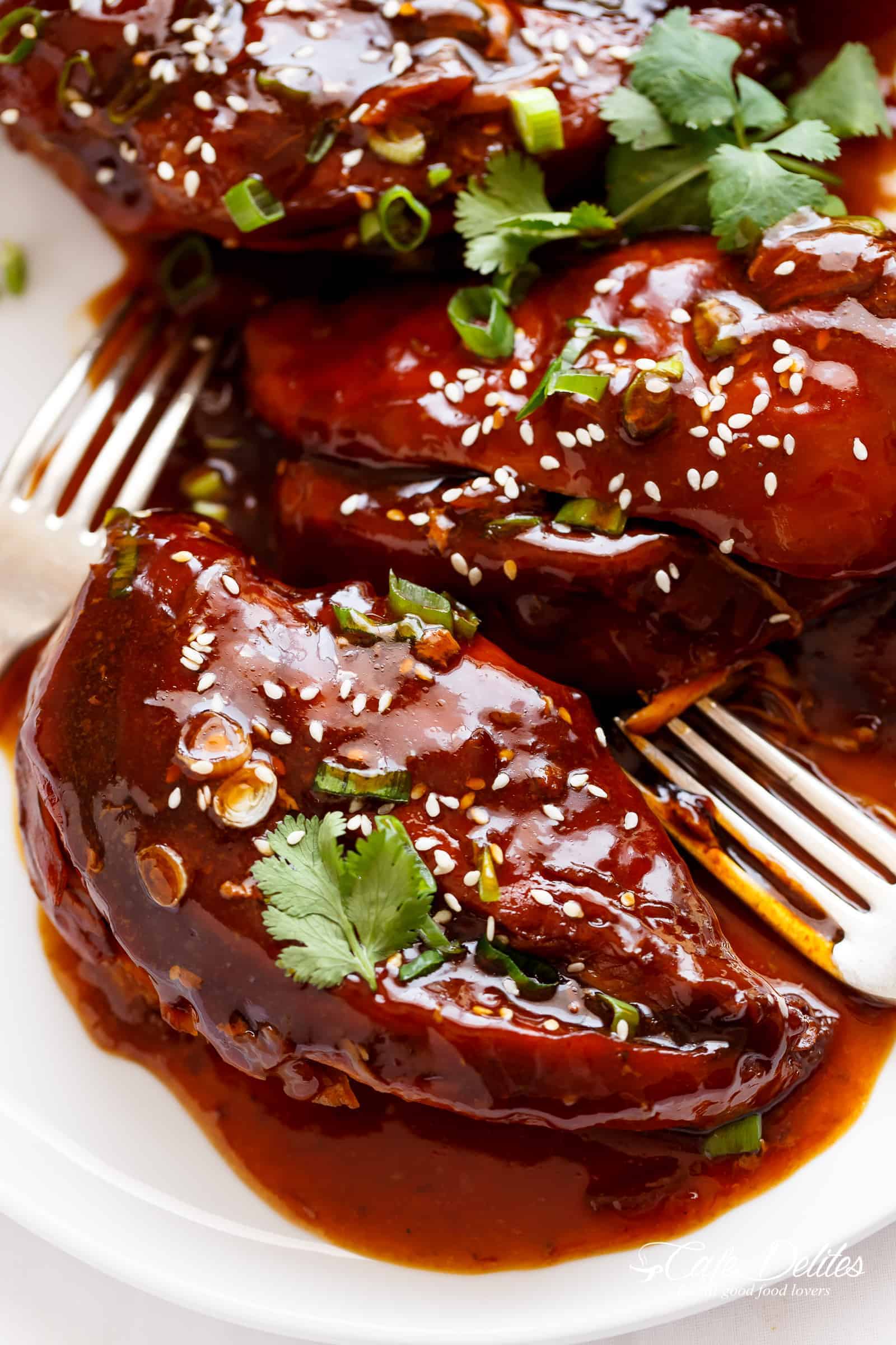 Slow Cooker Asian Glazed Chicken Breasts perfectly slow cooked and waiting for you when you get home. | cafedelites.com