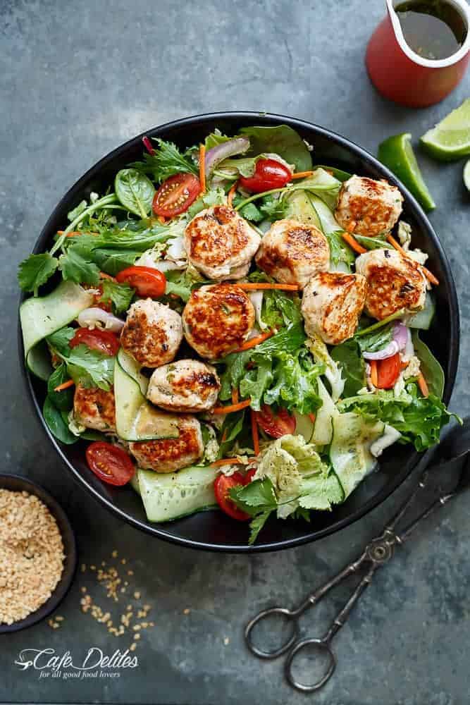 A Thai Chicken Meatball Salad full of Thai-inspired flavours, healthy, filling and low in fat, perfect for lunch or dinner. | https://cafedelites.com