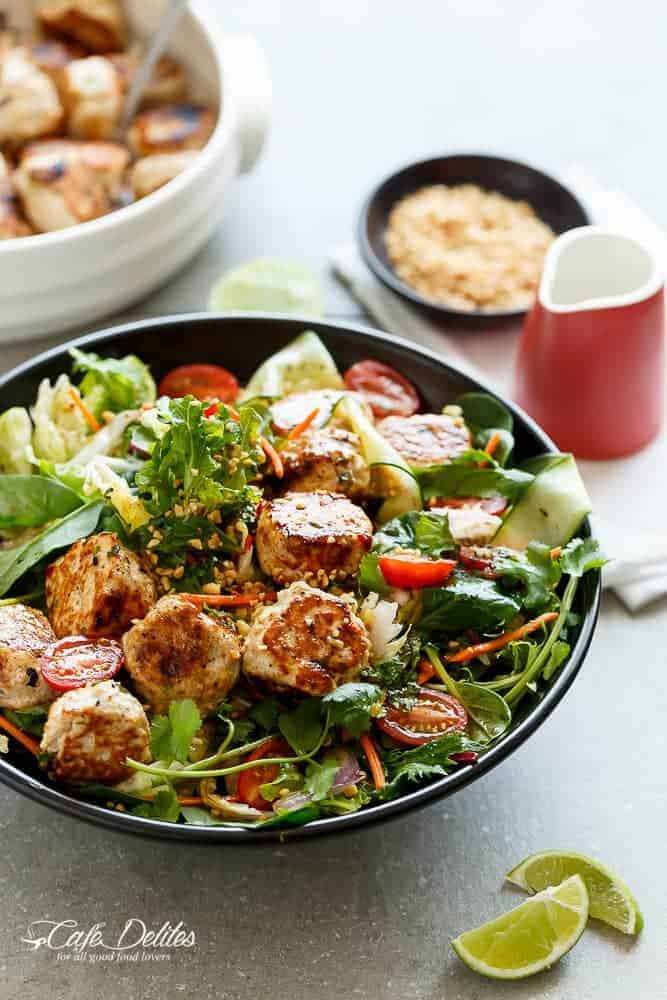 A Thai Chicken Meatball Salad full of Thai-inspired flavours, healthy, filling and low in fat, perfect for lunch or dinner. | https://cafedelites.com