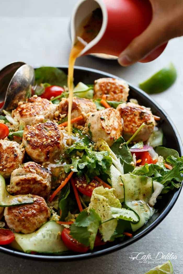 A Thai Chicken Meatball Salad full of Thai-inspired flavours, healthy, filling and low in fat, perfect for lunch or dinner. | https://cafedelites.com