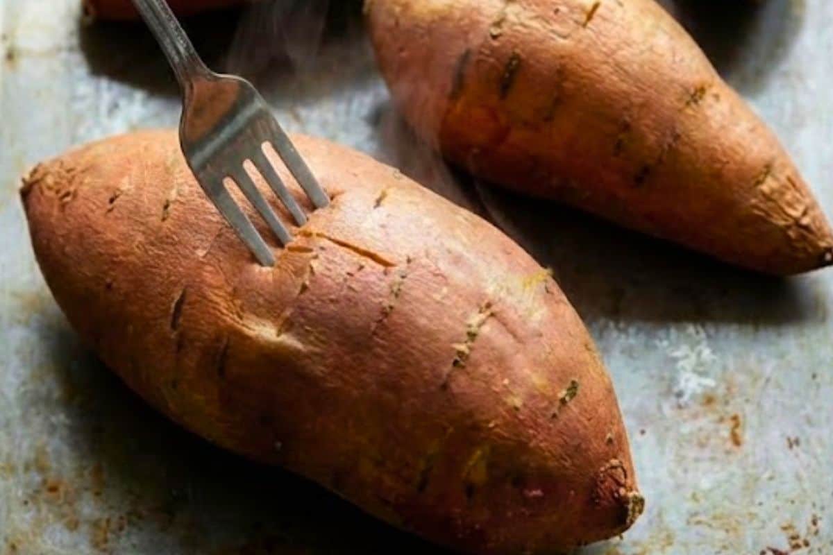 Preheat oven to 220°C (430°F) and lightly spray a baking tray with nonstick spray. Arrange the sweet potatoes on the tray and roast for about 1 hour  - 4