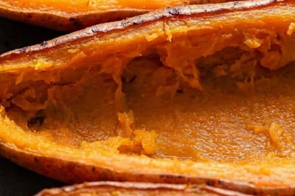 Gently scoop out the flesh, leaving a thin wall inside each skin to hold the filling. - 7