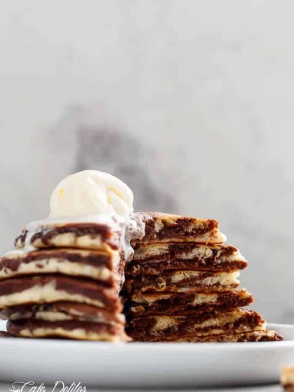 Zebra Marble Pancakes with ice cream scoops stack on each other