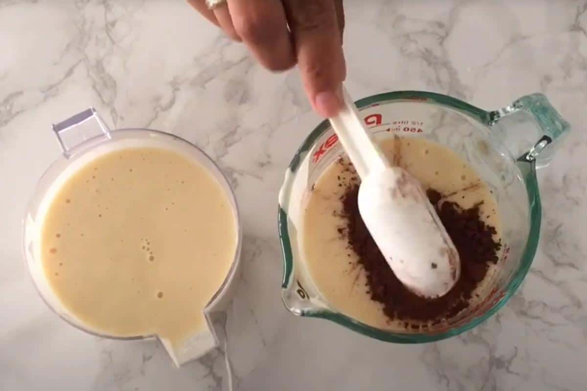 Divided the batter and poured the cocoa powder to the separate jug.