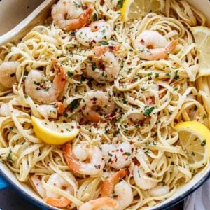 Browned Butter Shrimp Scampi on a platter