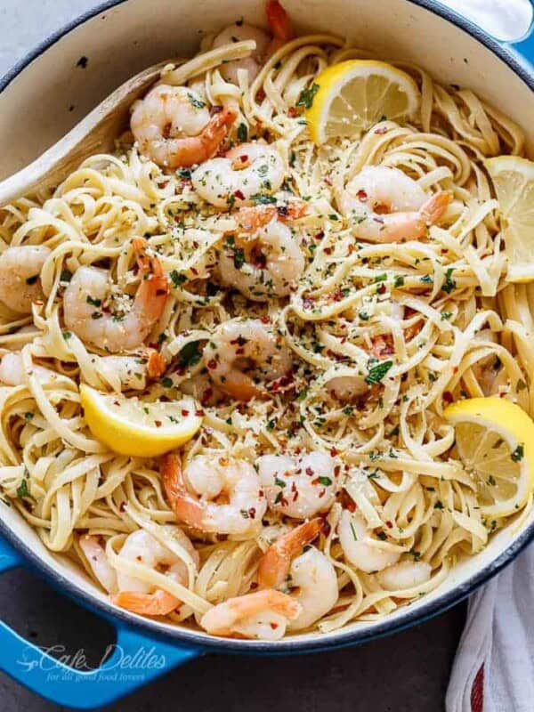 Browned Butter Shrimp Scampi with Parmesan Pasta! in a bowl