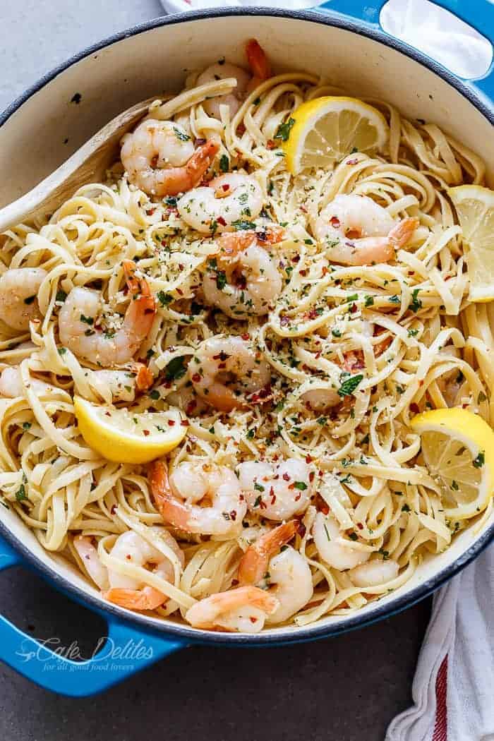 Browned Butter Shrimp Scampi with Parmesan Pasta! in a bowl