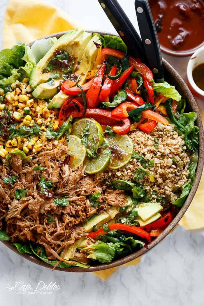 Chipotle Lime Carnitas Salad | Crispy Carnitas in a salad drizzled with an incredible Chipotle Lime Dressing and a low carb Cilantro Lime Rice! | https://cafedelites.com