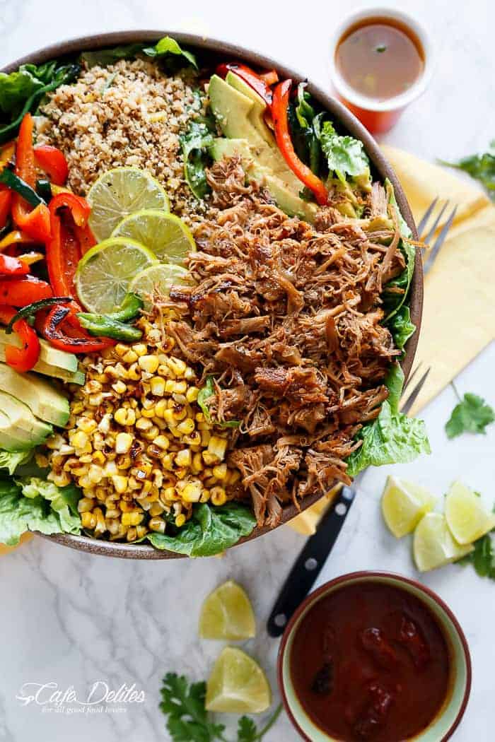 Chipotle Lime Carnitas Salad | Crispy Carnitas in a salad drizzled with an incredible Chipotle Lime Dressing and a low carb Cilantro Lime Rice! | https://cafedelites.com
