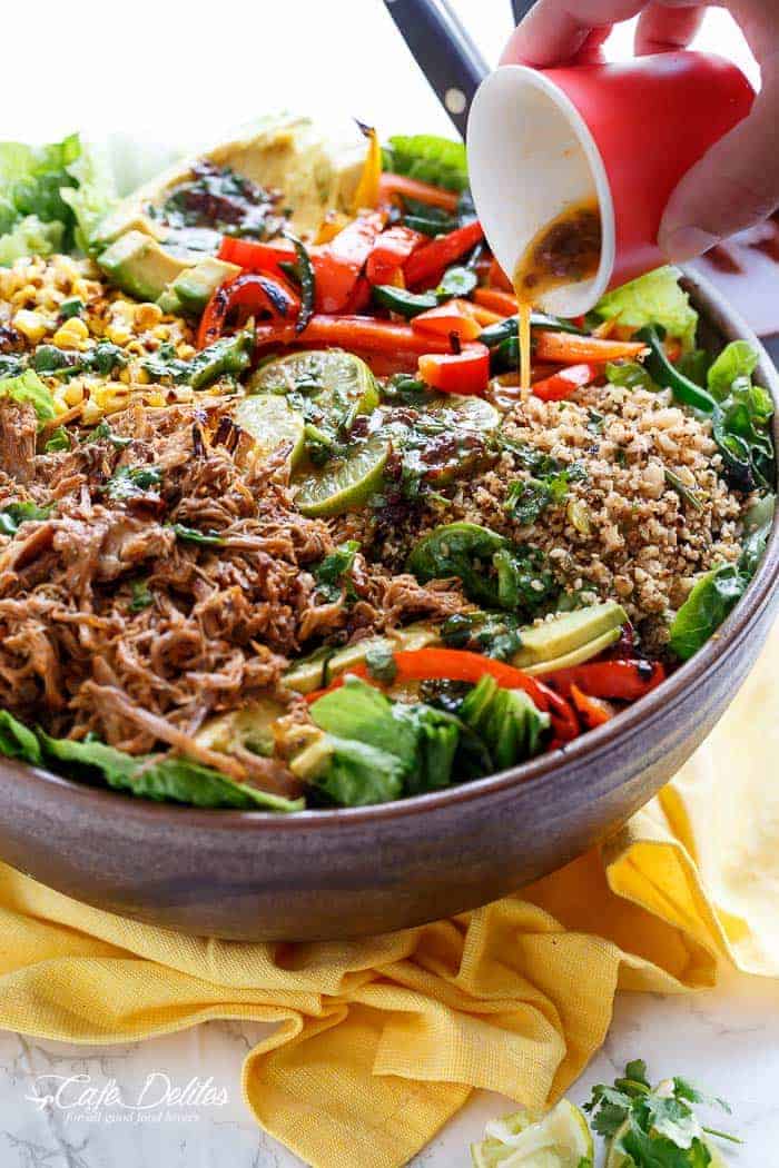 Chipotle Lime Carnitas Salad | Crispy Carnitas in a salad drizzled with an incredible Chipotle Lime Dressing and a low carb Cilantro Lime Rice! | https://cafedelites.com