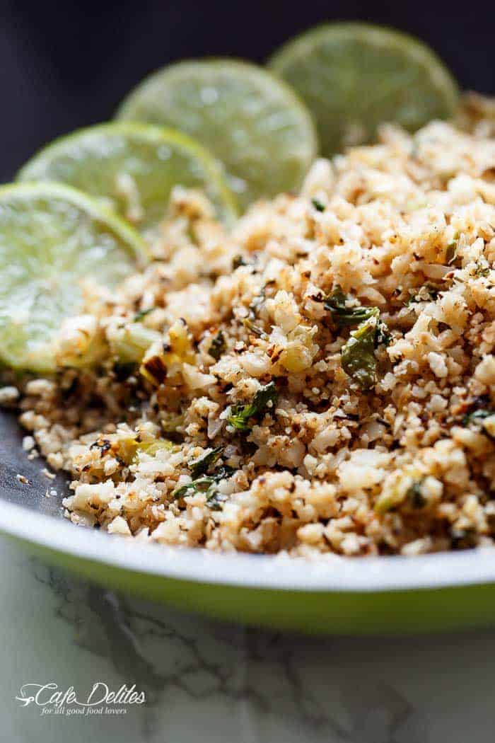 Cilantro Lime Cauliflower Rice comes to the rescue when you're craving a carb loaded meal, without the extra calories! | http://cafedelites.com