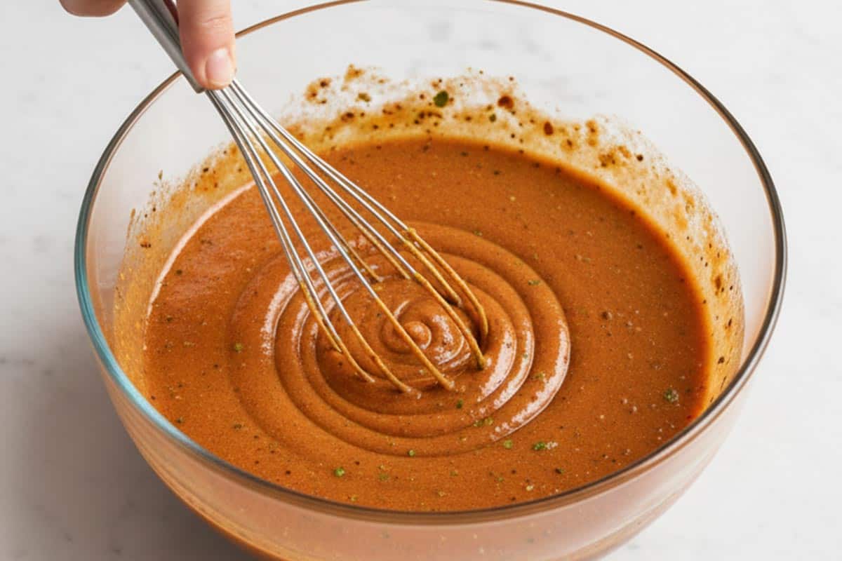 Combining the olive oil, lime juice, garlic, honey, chipotle, adobo, cilantro, cumin, salt, and pepper in a bowl. - 6