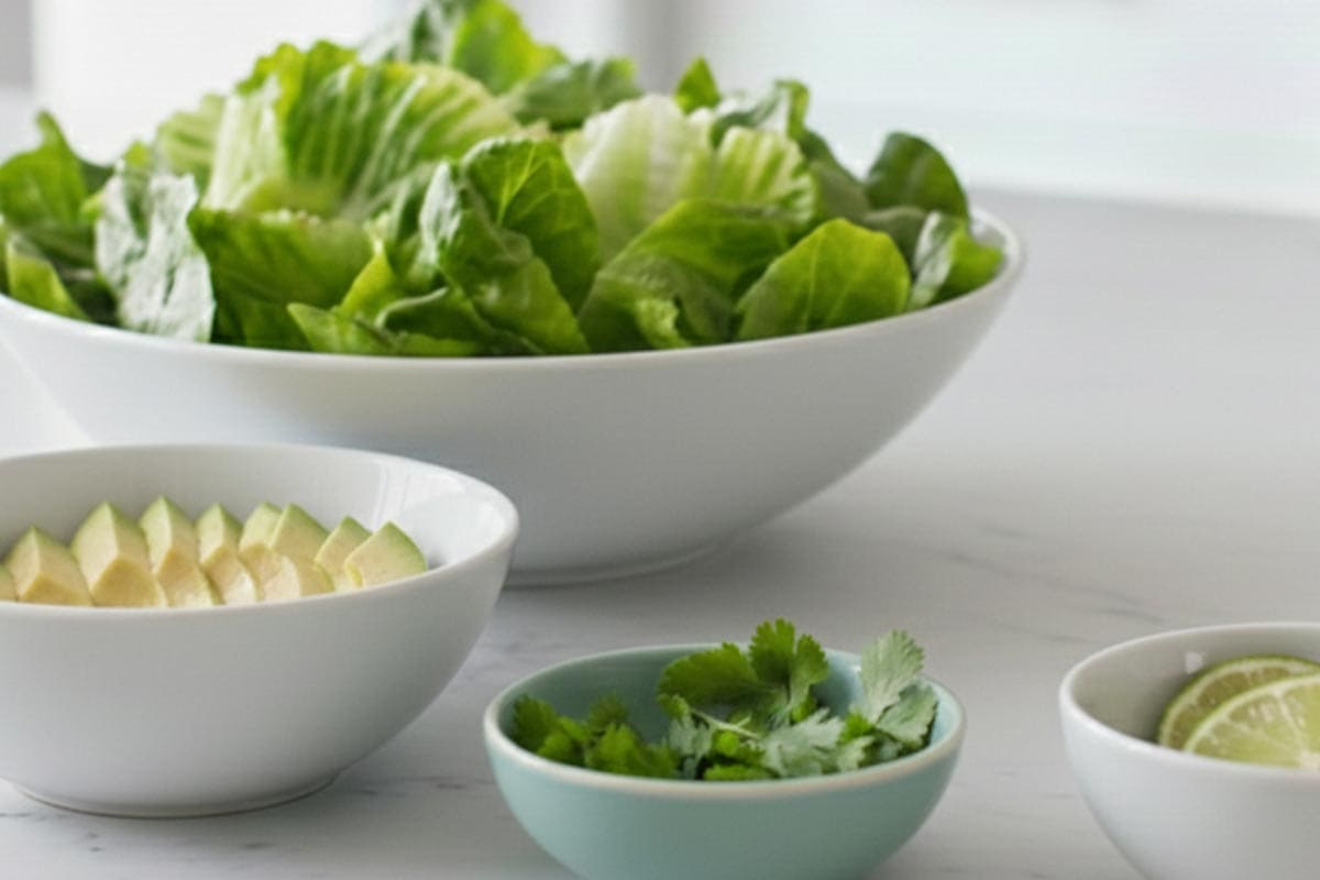Prepared the lettuce, sliced avocados,  lime and coriander in separate bowls. - 8