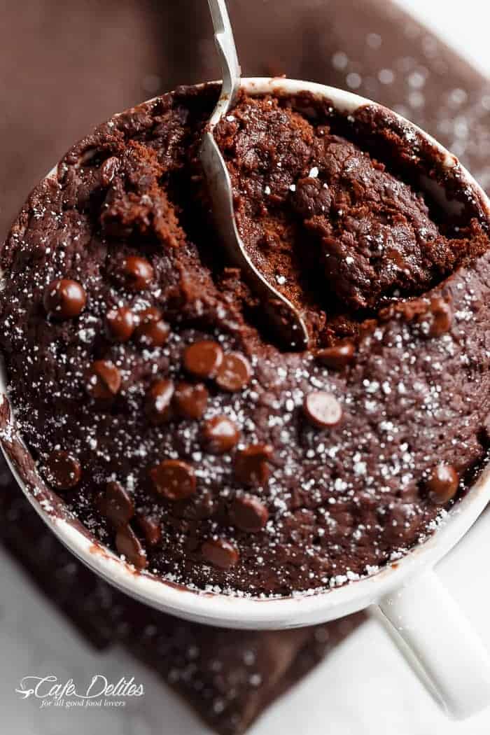 Low Fat Double Chocolate Mug Cake recipe WITH another video. Ready in less than one minute! Fluffy. Buttery and soft. The BEST low fat, guilt-free mug cake! | https://cafedelites.com