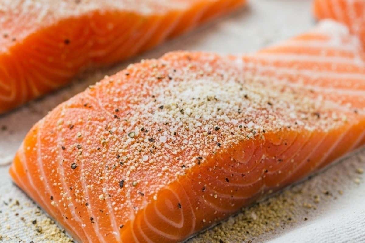pat the salmon and season it with salt, pepper and lemon pepper
