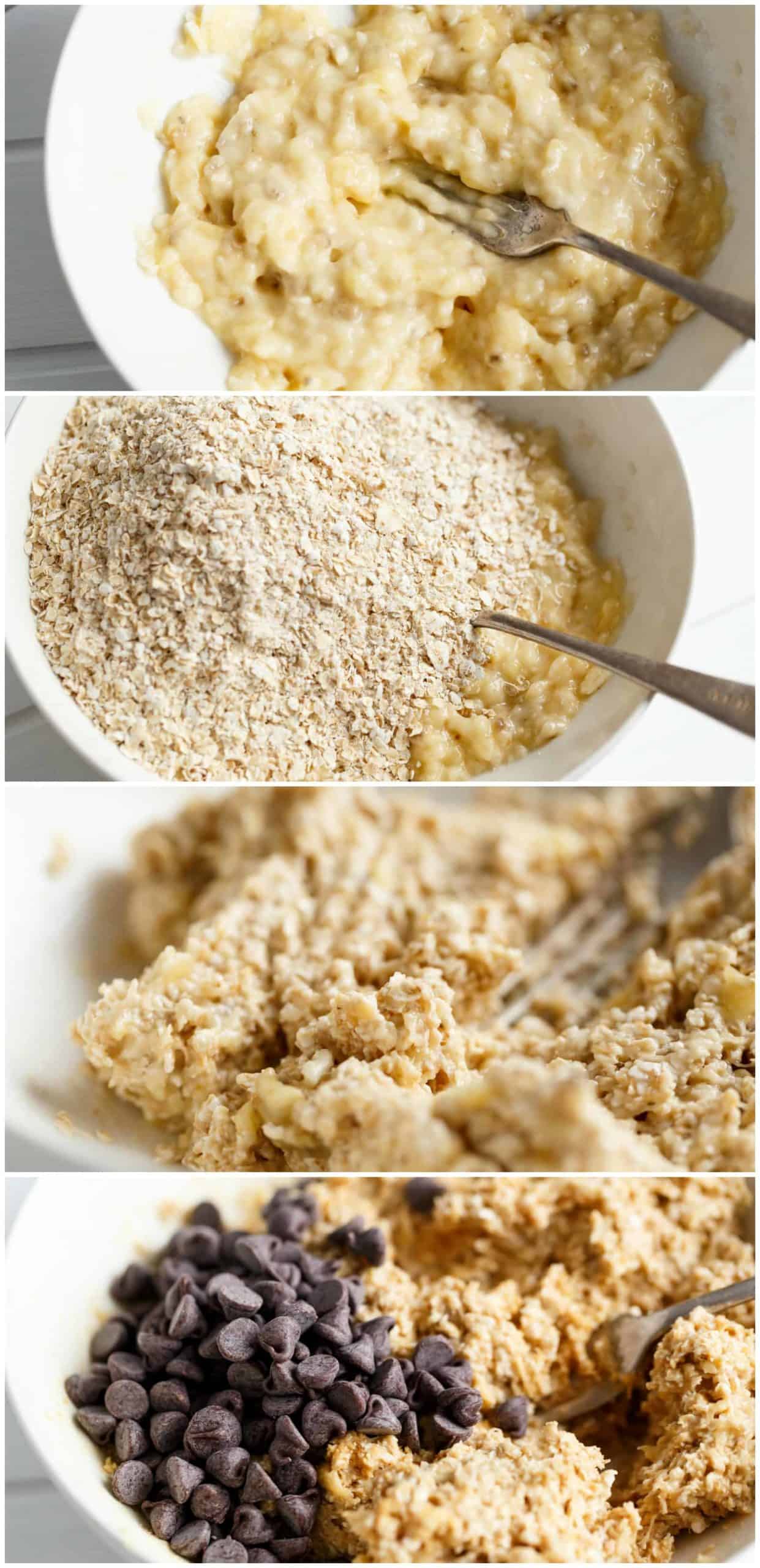 Collage of mashed banana, oats and chocolate chips before being mixed together. 
