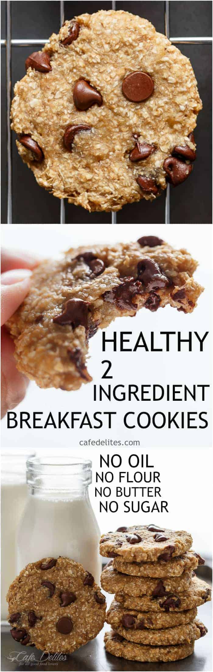 No flour. No oil. No refined sugars, Non fat. Weight Watchers friendly. Low calorie! These Healthy 2-Ingredient Breakfast Cookies are super easy to make! | https://cafedelites.com