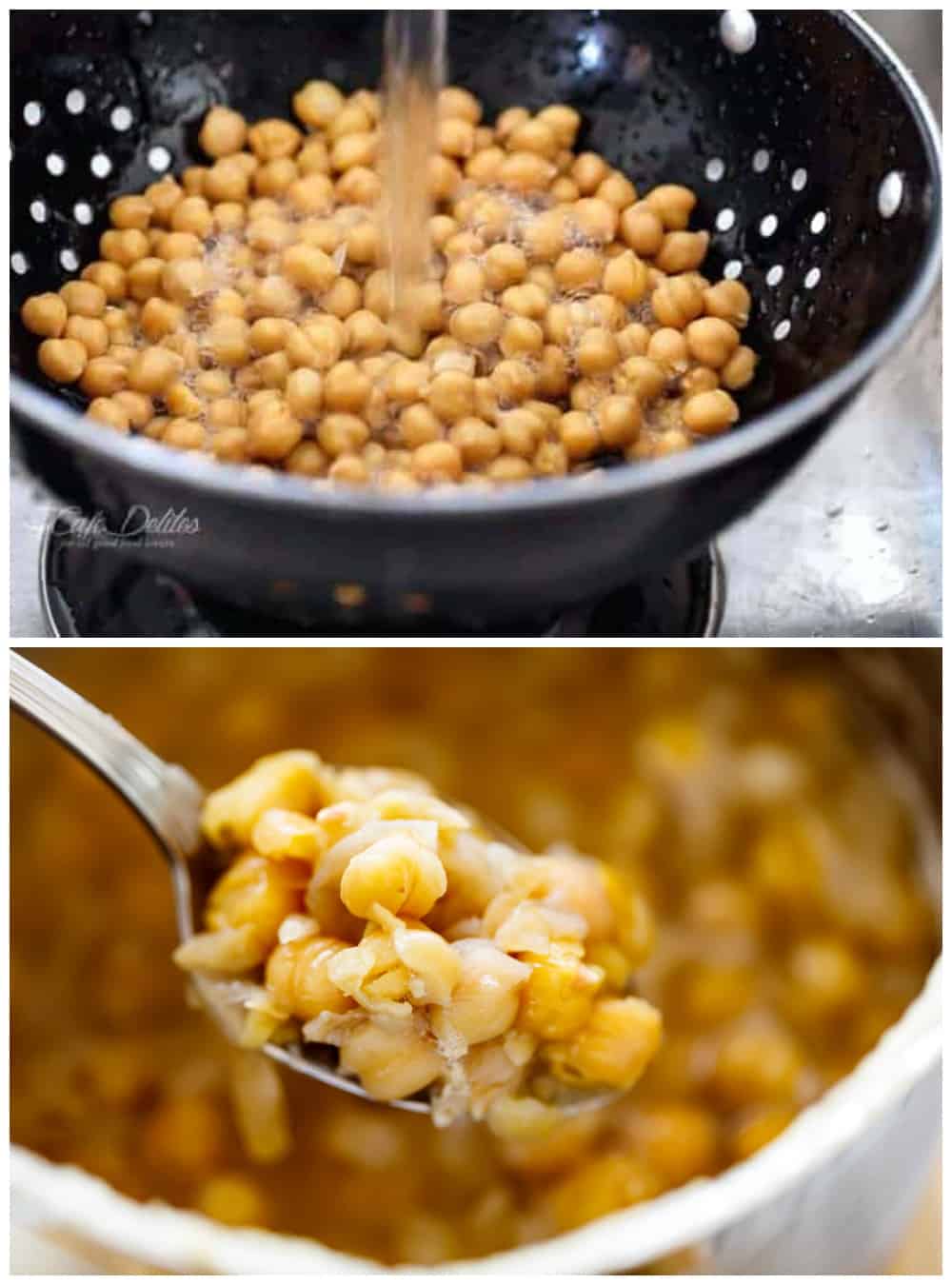 Chickpeas in a colander being rinsed under water, above a picture of softened chickpeas on a silver tablespoon. 