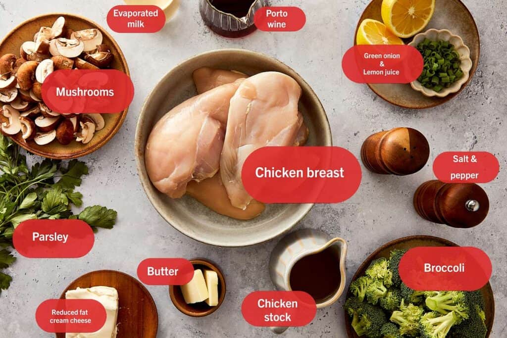 all the ingredients to make Julia Child's Creamy Chicken + Mushroom