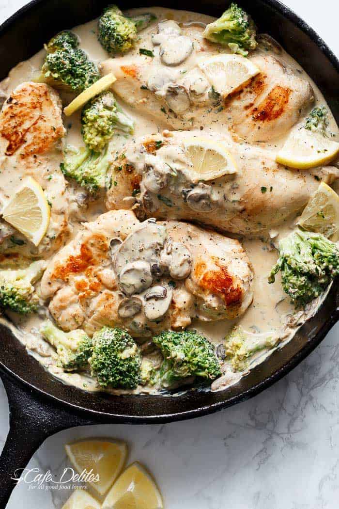 Lightened up to indulge in more! Julia Child's Creamy Chicken + Mushroom (also known as Supremes De Volaille Aux Champignons), gets a lower fat make over and is cooked in one skillet! | http://cafedelites.com