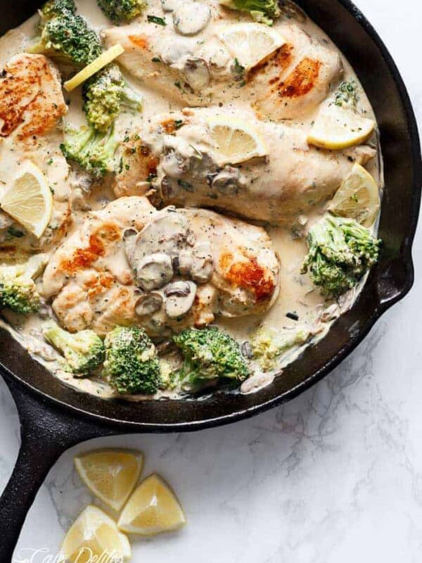Julia Child's Creamy Chicken + Mushroom (also known as Supremes De Volaille Aux Champignons) in a pan