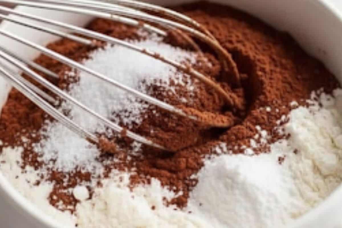 Lightly spray a 1/2 cup mug with cooking oil. Add self raising flour, sweetener, cocoa, baking powder, and a pinch of salt and then whisk.
