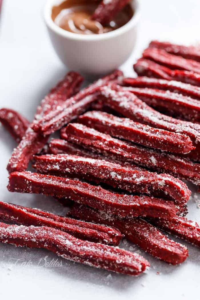 The Best Red Velvet Churros (Baked) + VIDEO! | https://cafedelites.com