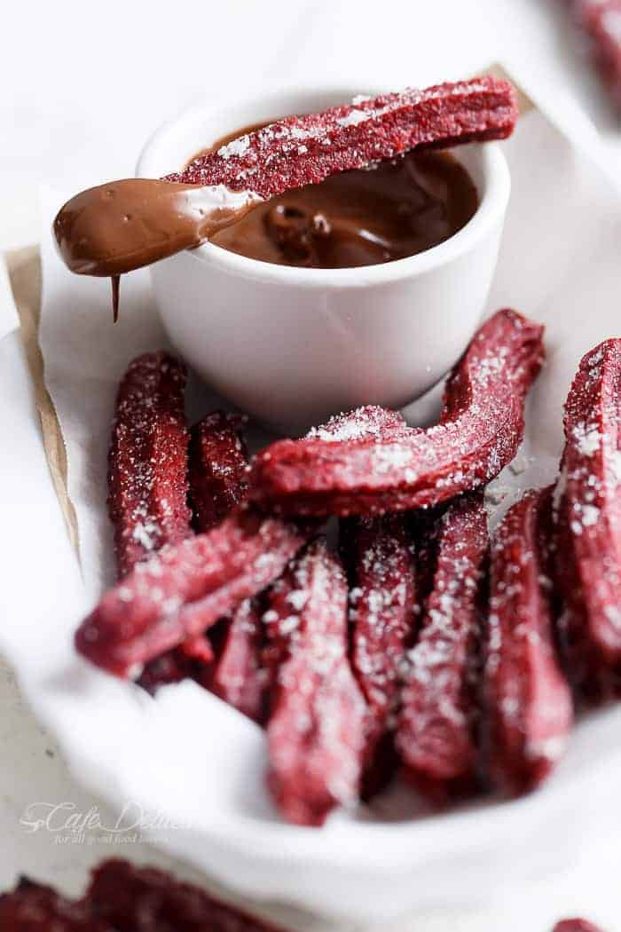 The Best Red Velvet Churros (Baked) + VIDEO! | https://cafedelites.com