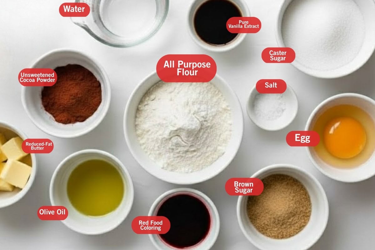 Flat lay photo of ingredient shot of reduced fat butter, unsweetened cocoa powder, water, pure vanilla extract, caster sugar, salt, egg, brown sugar, red food coloring, olive oil, all purpose flour
