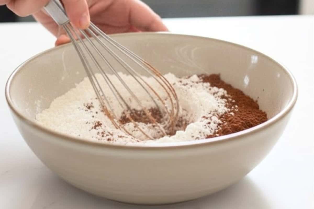 In a medium bowl, whisk together the flour and cocoa powder until smooth