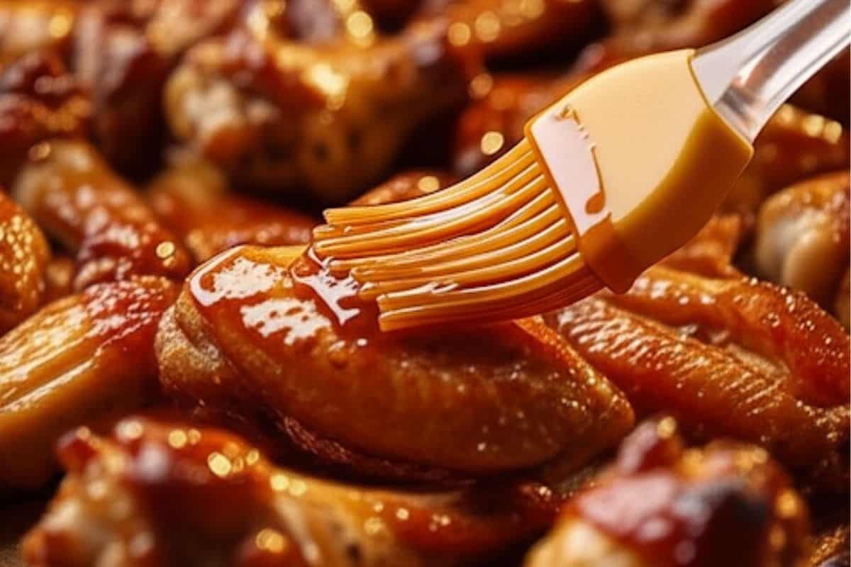 Bake the chicken wings for another 10 minutes. Switch the oven to broil  and baste with half of the thickened glaze. 