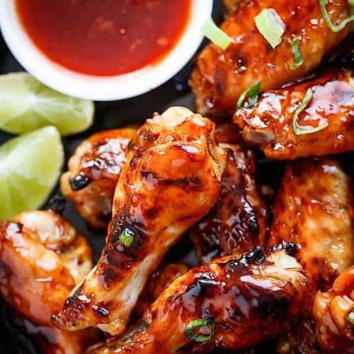 Top view of Sticky Thai Chicken Wings glazed with a sticky sauce infused with authentic Thai flavours