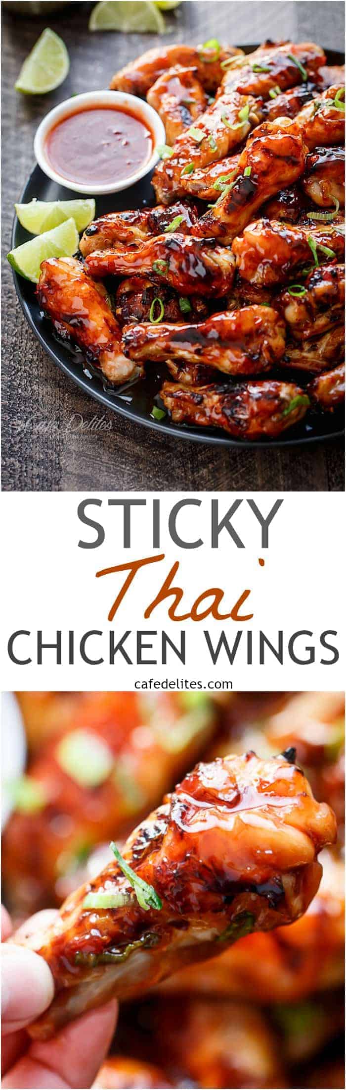 Sticky Thai Chicken Wings glazed with a sticky sauce infused with authentic Thai flavours you most probably already have on hand in the kitchen! | https://cafedelites.com
