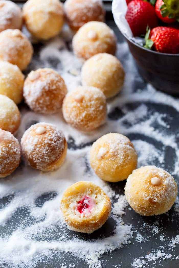 Strawberry Cheesecake Donut Holes | https://cafedelites.com