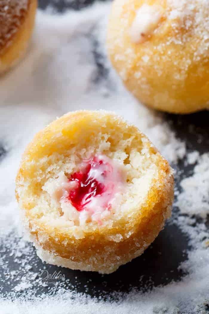 Strawberry Cheesecake Donut Holes | https://cafedelites.com