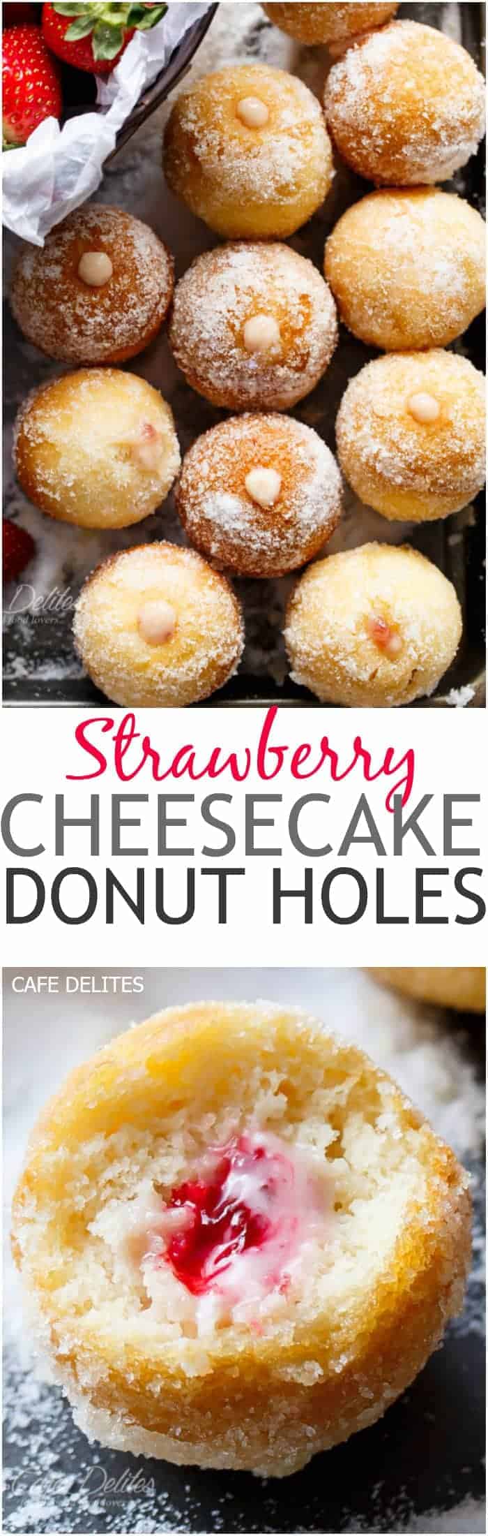 PIN image of Lightened up soft and fluffy Strawberry Cheesecake Donut Holes, filled with sweet strawberry and creamy cheesecake filling! on a tray