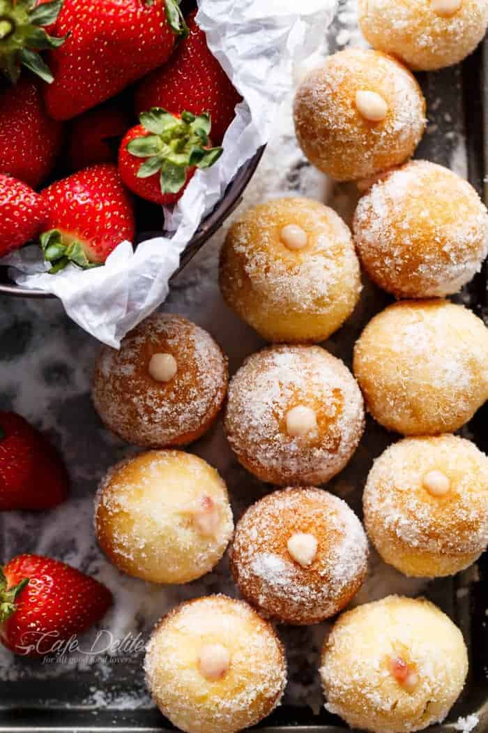 Strawberry Cheesecake Donut Holes | https://cafedelites.com
