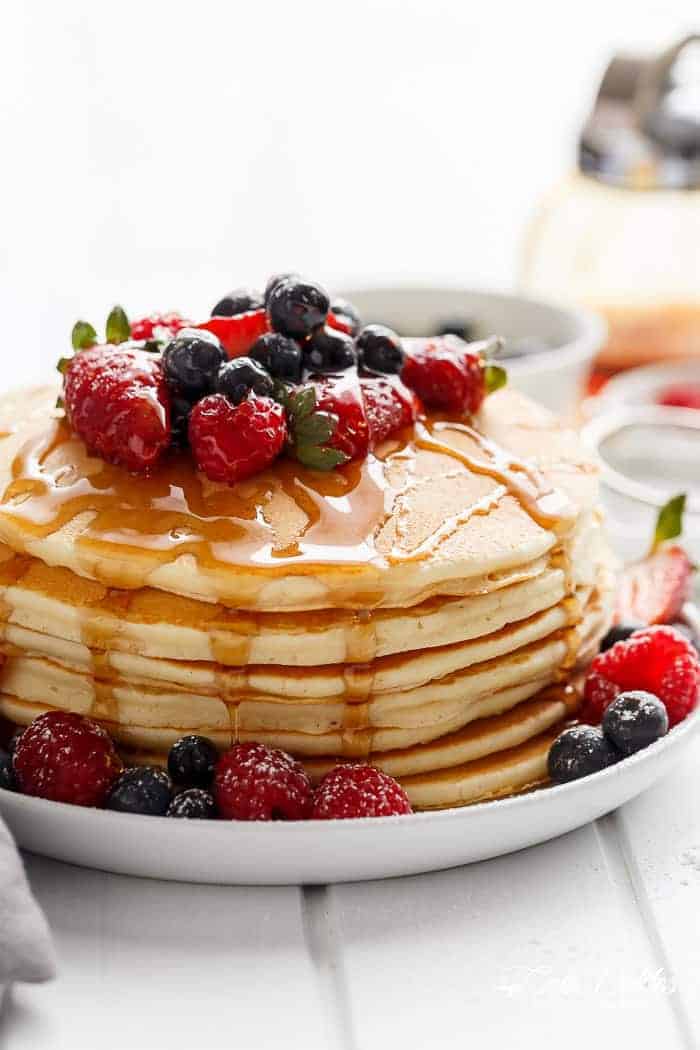 3-Ingredient Pancakes are fluffy and super soft with the added bonus of no oil or butter! Easy to make and so versatile, add in whatever you like! | https://cafedelites.com