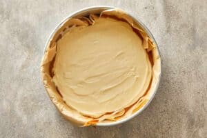 round pan being layered with cheesecake mix