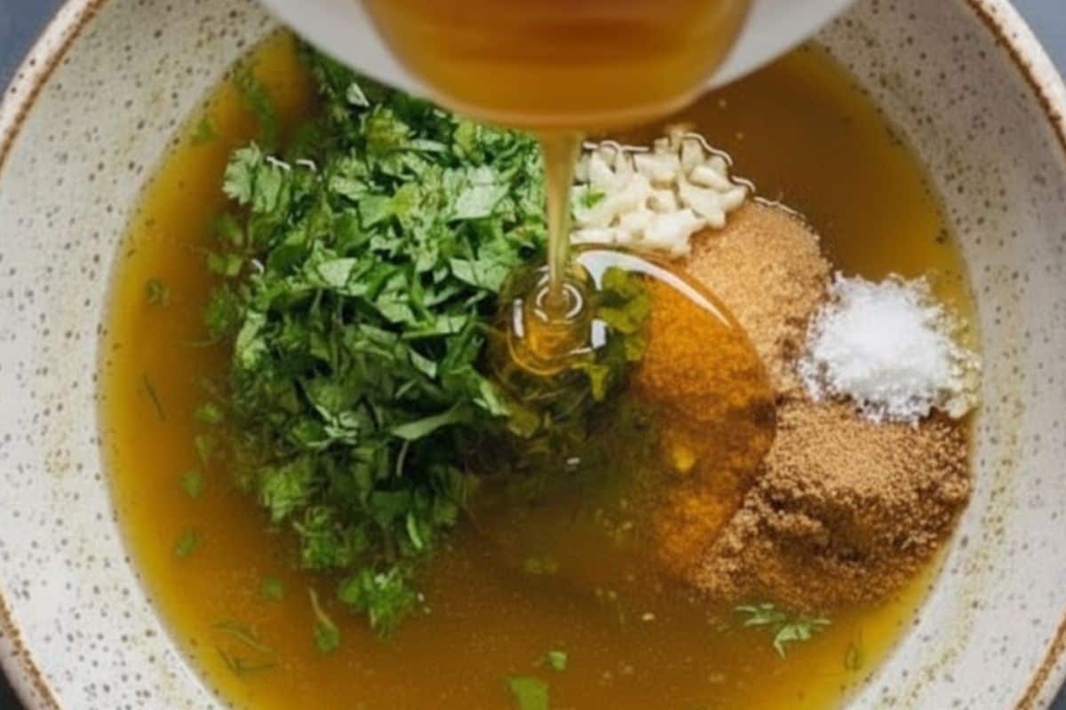 In a bowl, combine olive oil, lime juice, cilantro, garlic, honey, brown sugar, cumin, and salt