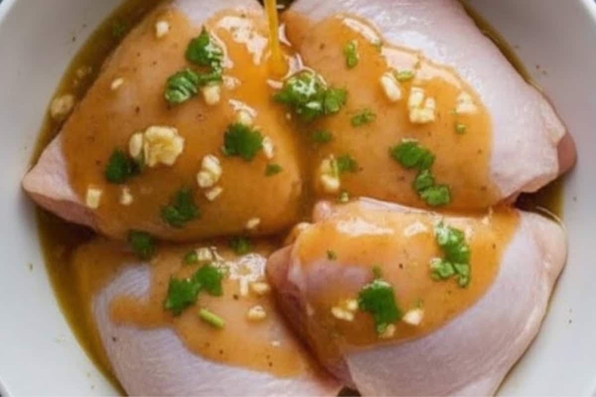 Pour one-third of the marinade over the chicken thighs and let them soak for at least 15 minutes